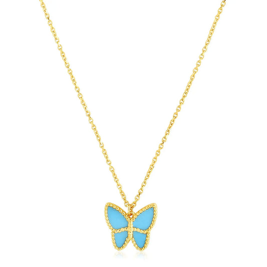 14k Yellow Gold High Polish Butterfly Turquoise Paste Necklace RCJ