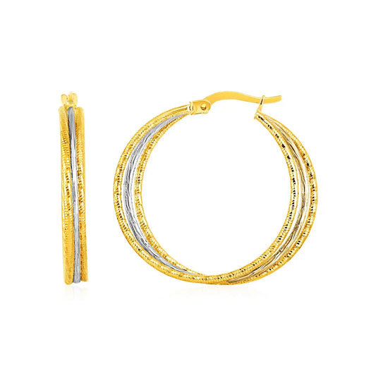 Three Part Textured Hoop Earrings in 14k Yellow and White Gold RCJ