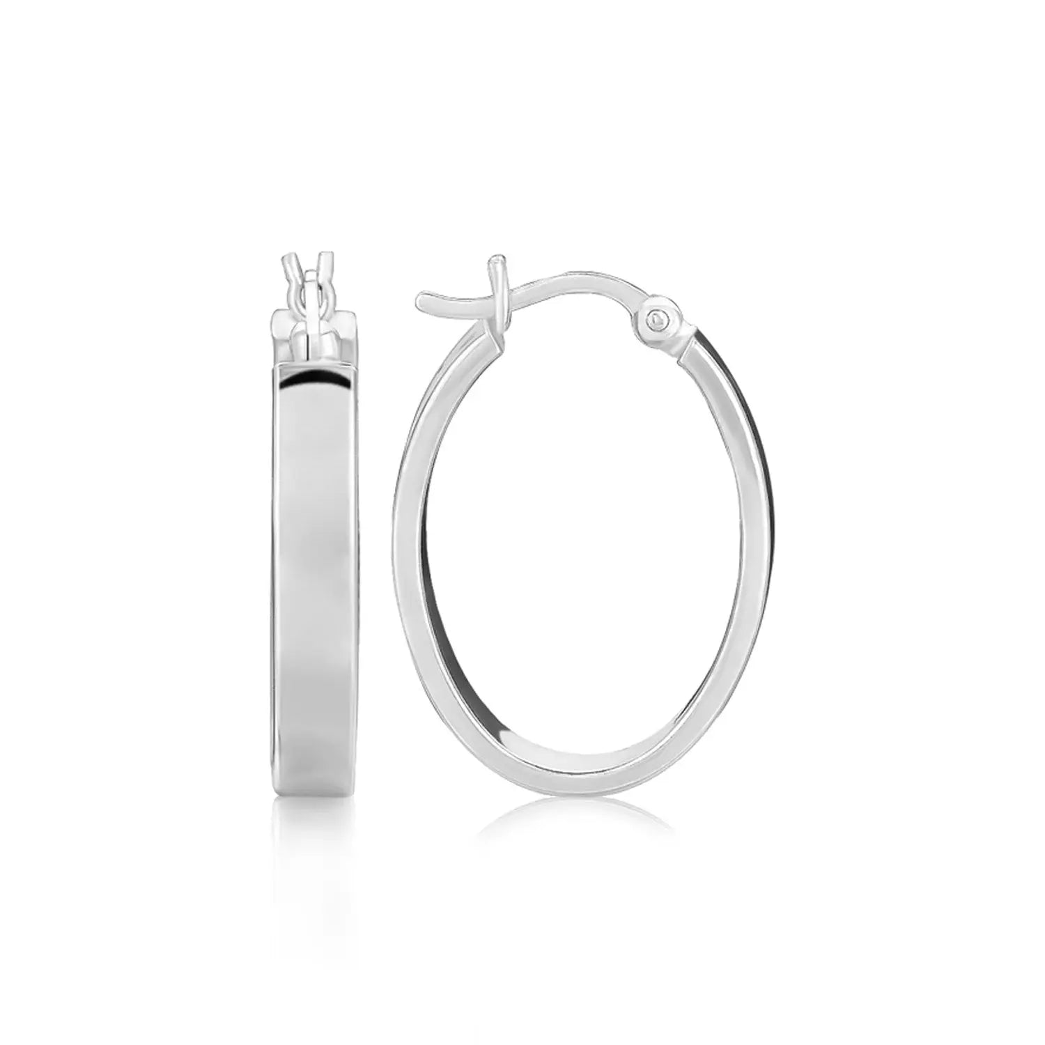 Sterling Silver Flat Style Oval Hoop Earrings with Rhodium Plating(4x14mm) RCJ