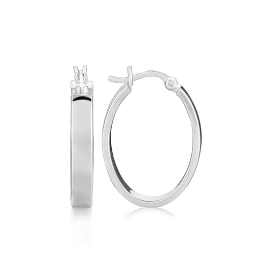 Sterling Silver Flat Style Oval Hoop Earrings with Rhodium Plating(4x14mm) RCJ