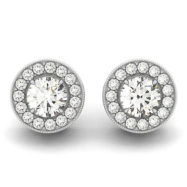 14k White Gold Round Diamond Halo Milgrain Border Earrings (3/4 cttw) RCJ