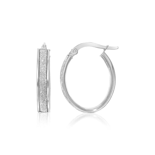 14k White Gold Glitter Center Oval Hoop Earrings(4x15mm)Monde Trend