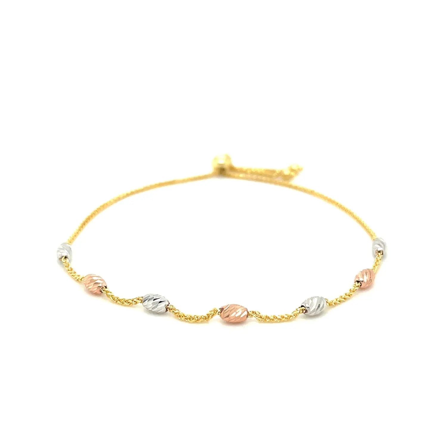 14k Tri-Color Gold Textured Oval Station Lariat Style Bracelet (1.20 mm)Monde Trend