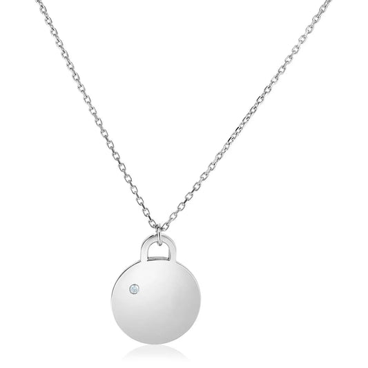 Sterling Silver 18 inch Necklace with Polished Disc with Diamond RCJ