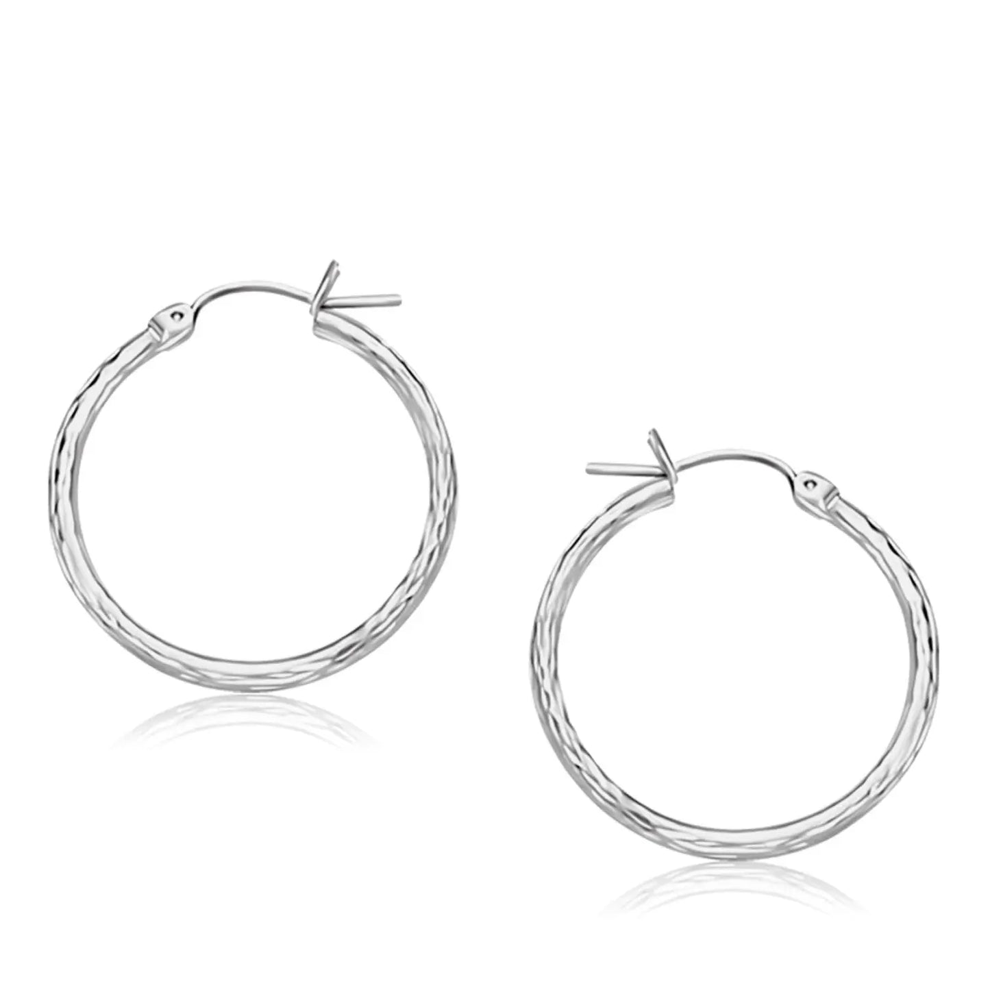 14k White Gold Diamond Cut Hoop Earrings  (2x25mm)Monde Trend