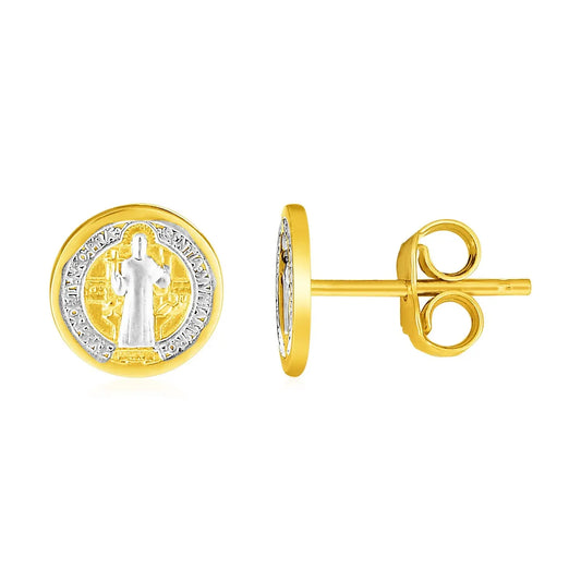 14k Two Tone Gold Round Religious Medal Post Earrings(8mm)Monde Trend