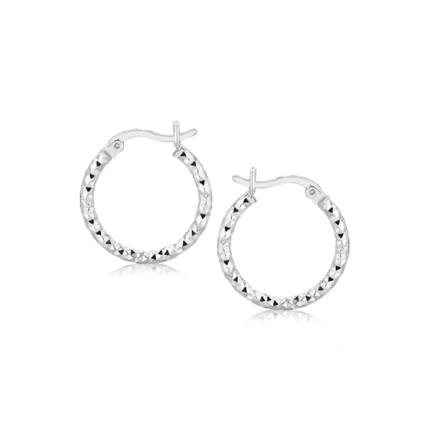 Sterling Silver Faceted Design Hoop Earrings with Rhodium Plating(2x15mm) RCJ