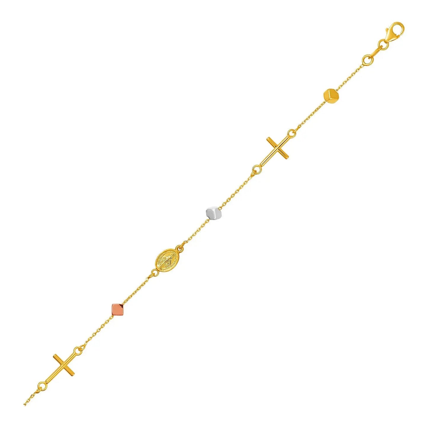 14k Tri Color Gold Bracelet with Crosses Cubes and MedallionsMonde Trend