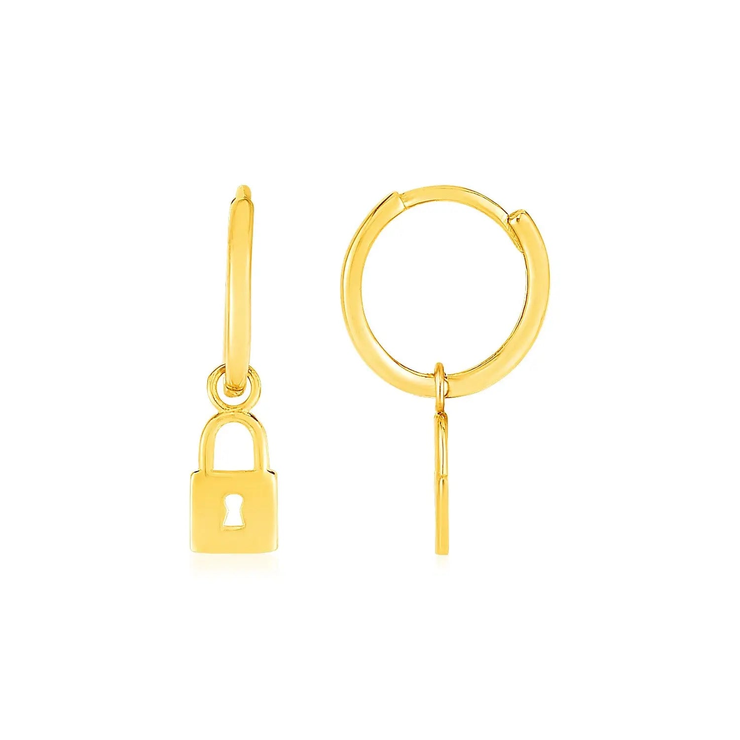 14k Yellow Gold Huggie Style Hoop Earrings with Padlock Drops RCJ