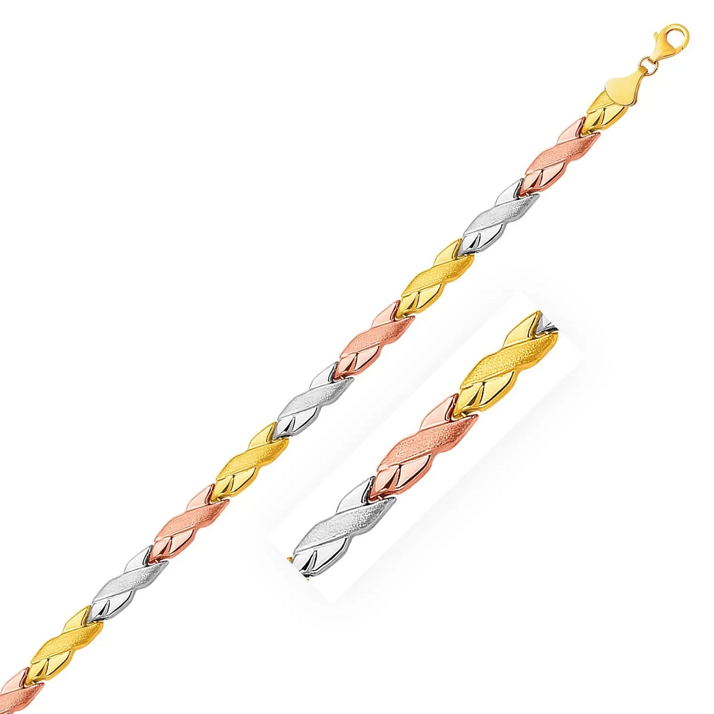 14k Tri-Color Gold Shiny and Textured X Link Bracelet (6.35 mm)Monde Trend