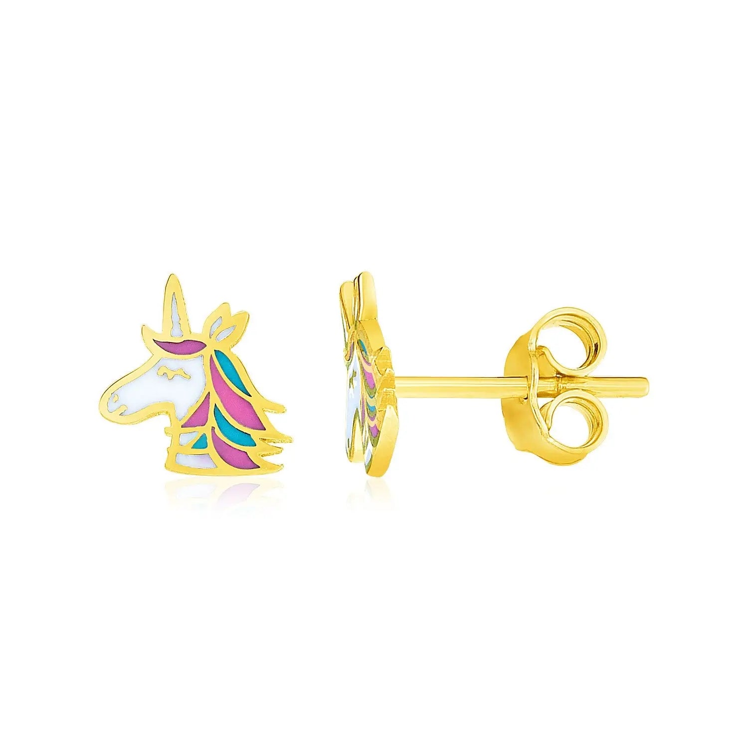 14k Yellow Gold Enameled Unicorn Childrens Earrings RCJ