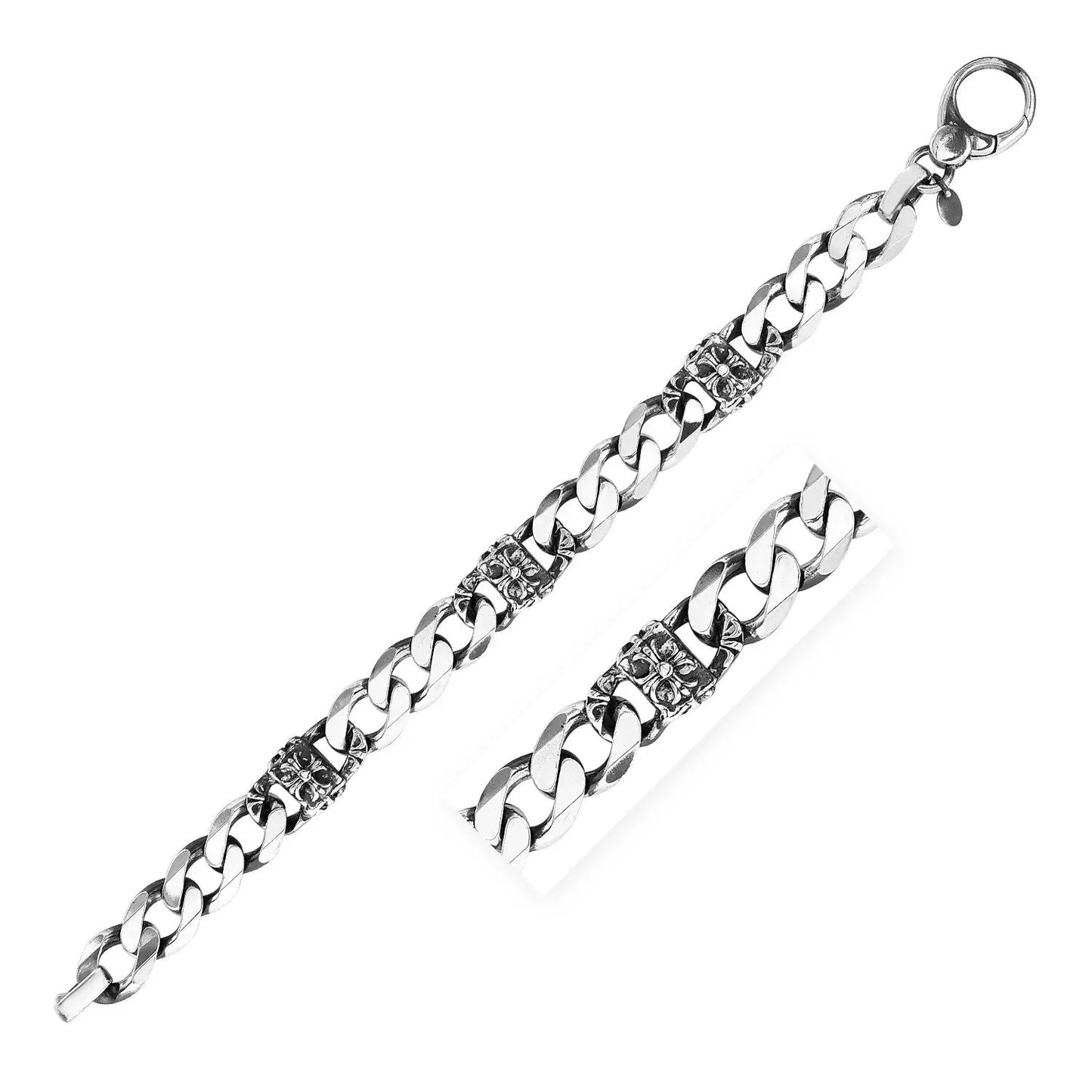 Sterling Silver Gunmetal Finish Cuban Link Bracelet with Floral Design (11.50 mm) RCJ