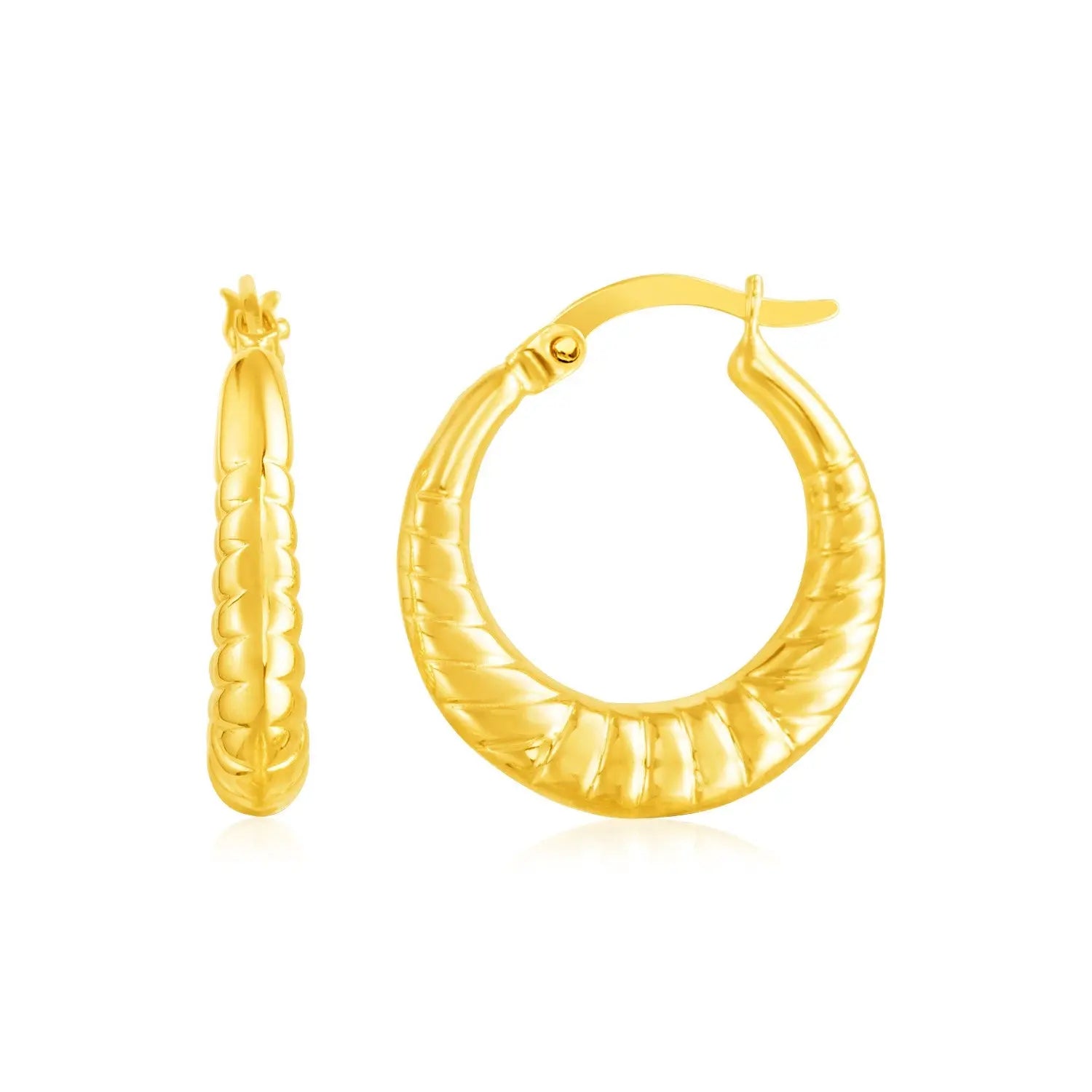 14k Yellow Gold Puffed and Scalloped Hoop Earrings RCJ