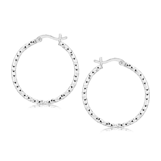 Sterling Silver Faceted Motif Hoop Earrings with Rhodium Plating(2x25mm) RCJ