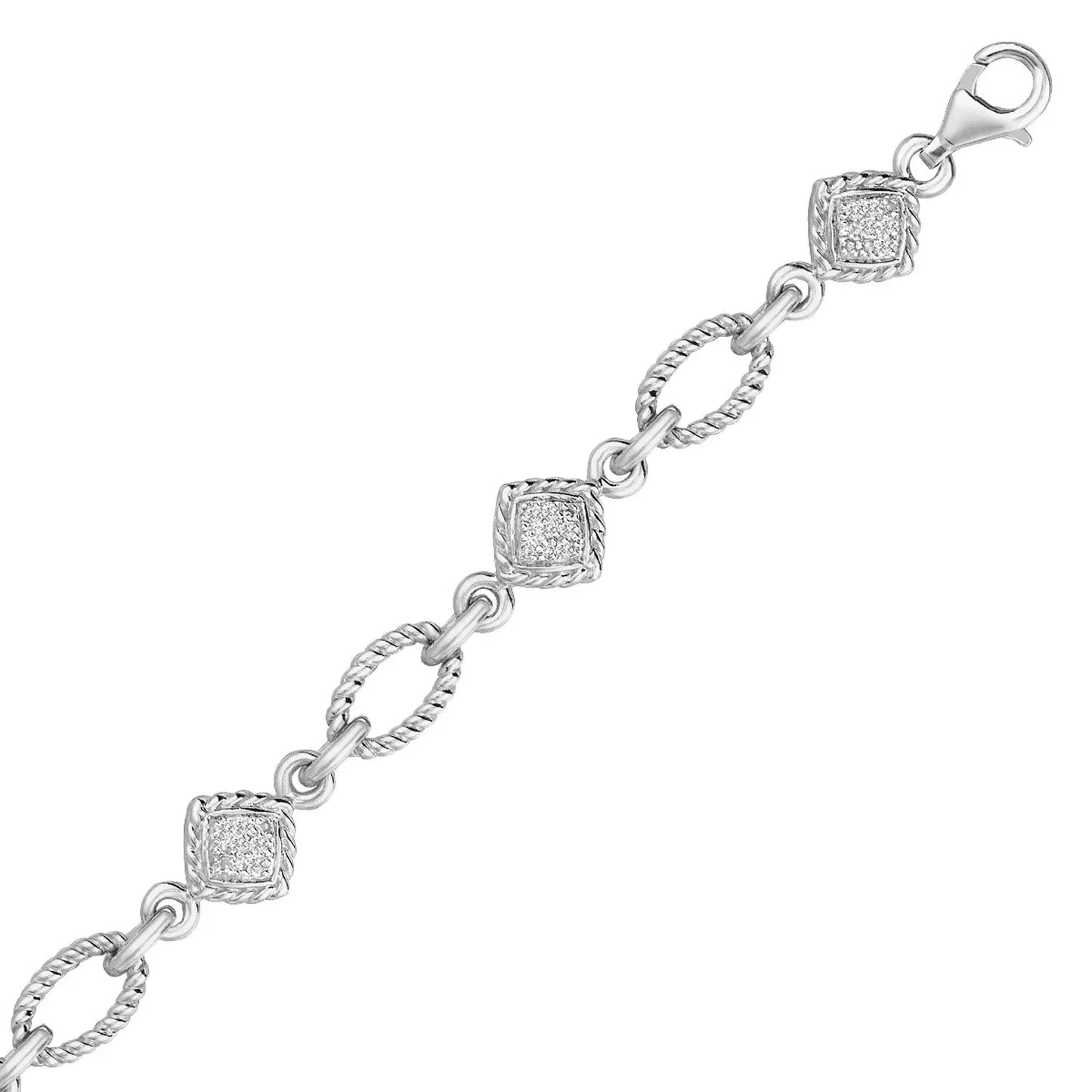 Sterling Silver Cable Oval and Square Link Bracelet with Diamonds (1/4 cttw) RCJ