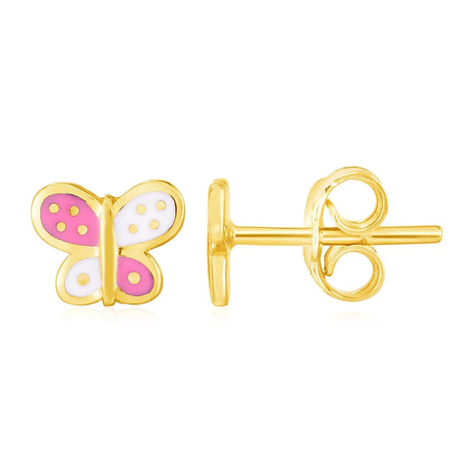 14k Yellow Gold and Enamel Pink and White Butterfly Stud Earrings RCJ