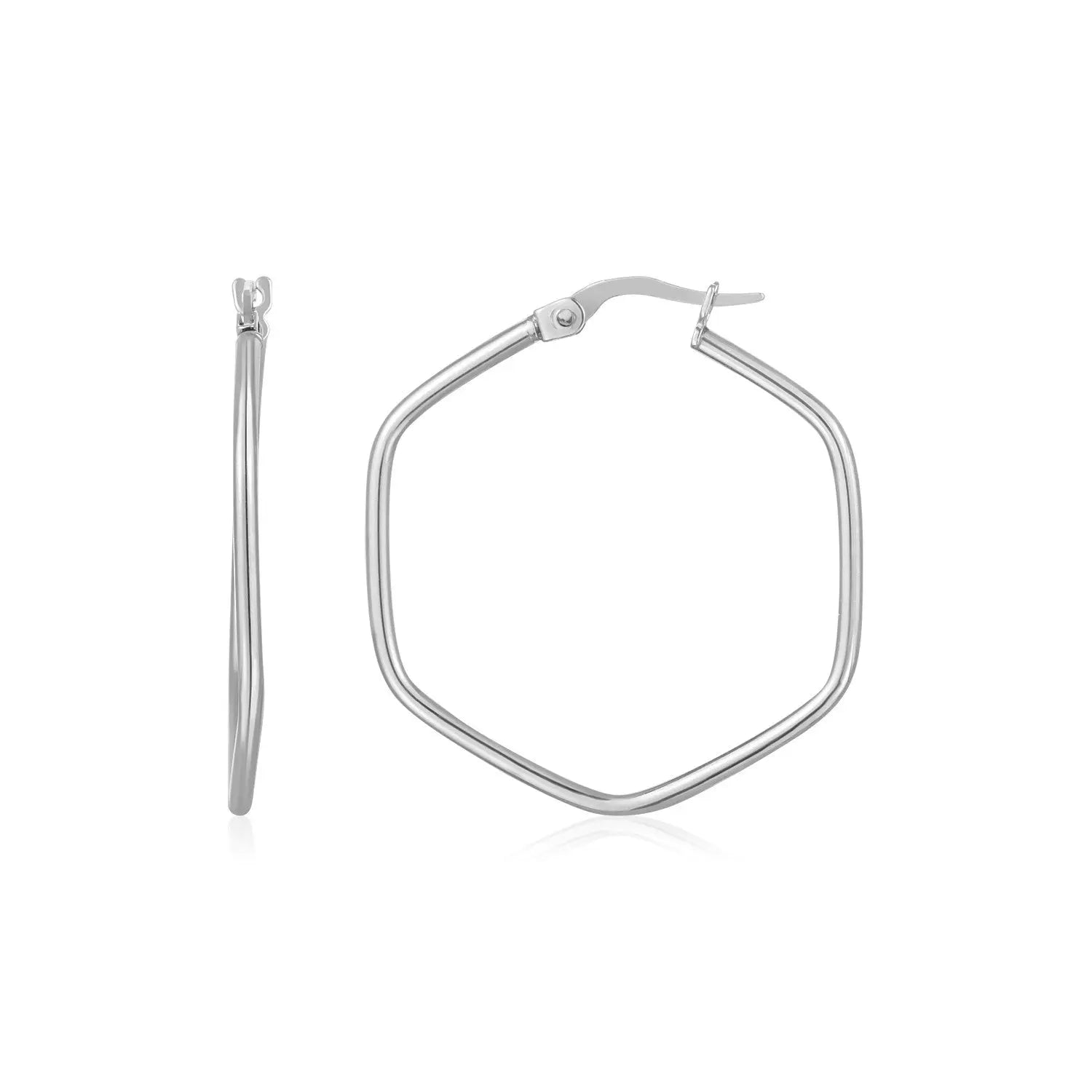 14K White Gold Hexagon Hoop Rounded Edge EarringsMonde Trend