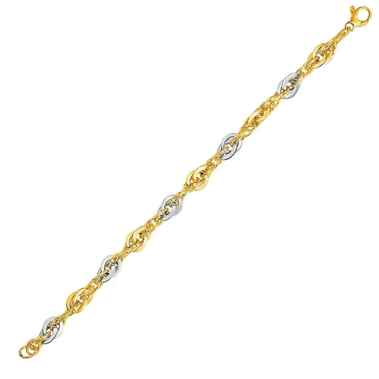 14k Two-Tone Yellow and White Gold Double Link Textured Bracelet (10.00 mm)Monde Trend