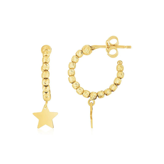 14K Yellow Gold Drop Star Charm Beaded Hoop Earrings RCJ