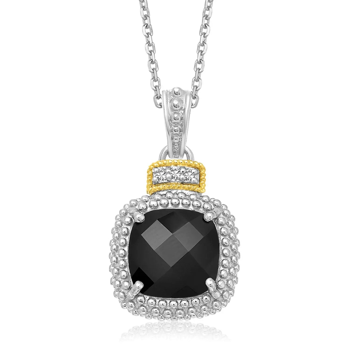 18k Yellow Gold & Sterling Silver Popcorn Cushion Black Onyx and Diamond Pendant RCJ