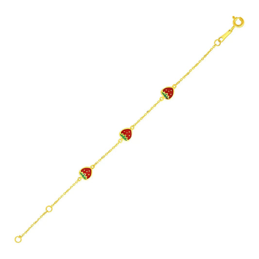 14k Yellow Gold 5 1/2 inch Childrens Bracelet with Enameled Strawberries (1.00 mm) RCJ