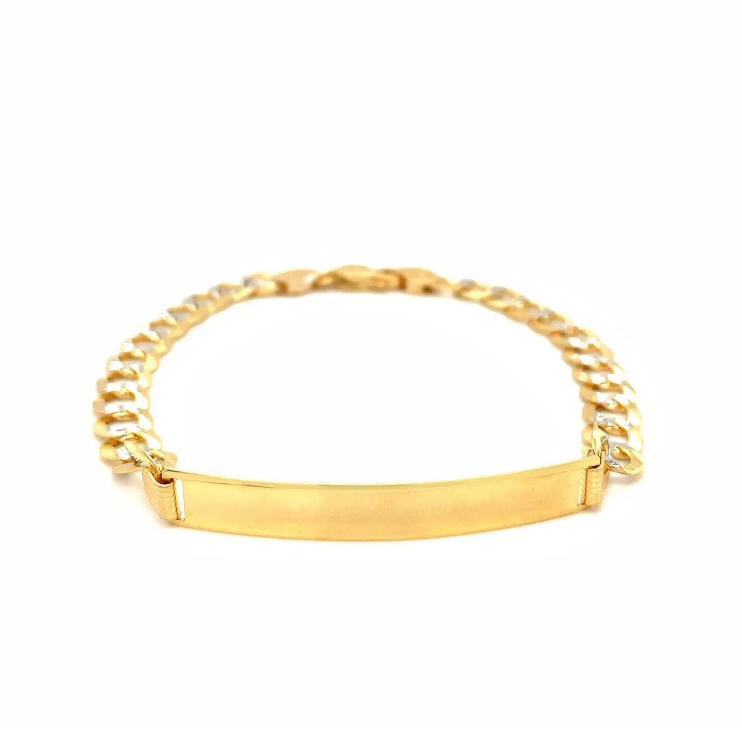 14k Two Tone Gold 8 1/2 inch Mens Narrow Curb Chain ID Bracelet with White Pave (6.70 mm)Monde Trend