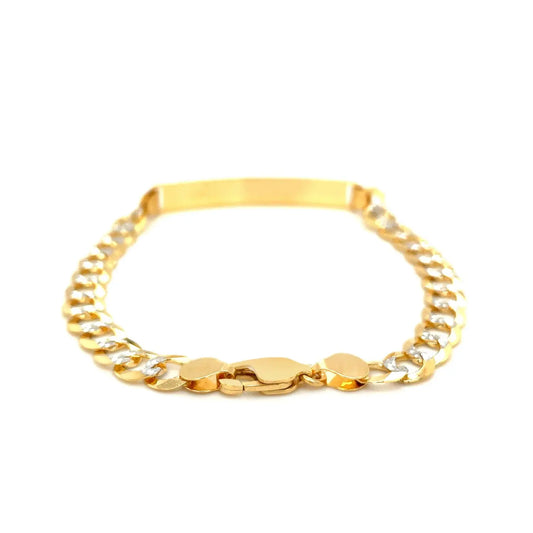 14k Two Tone Gold 8 1/2 inch Mens Narrow Curb Chain ID Bracelet with White Pave (6.70 mm)Monde Trend