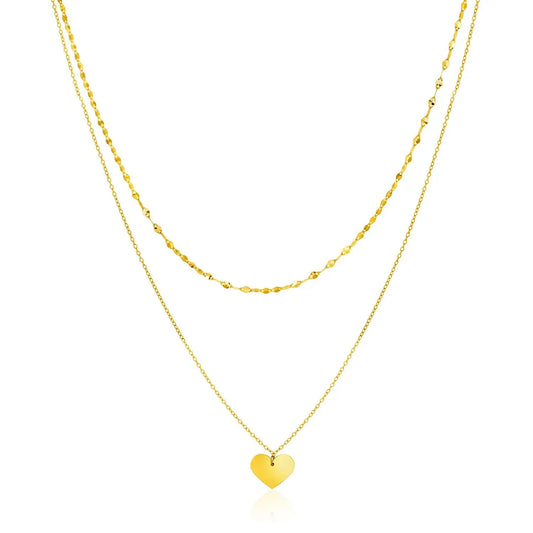 14k Yellow Gold 18 inch Two Strand Necklace with Heart Pendant RCJ