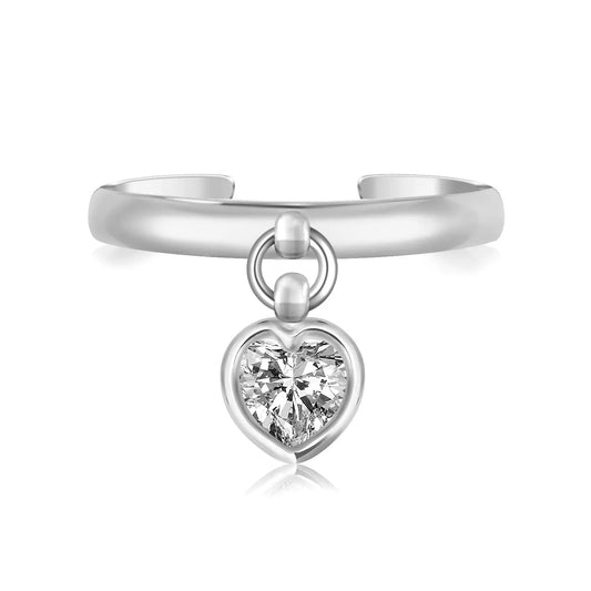 Sterling Silver Rhodium Finished Heart Cubic Zirconia Charm Toe Ring RCJ