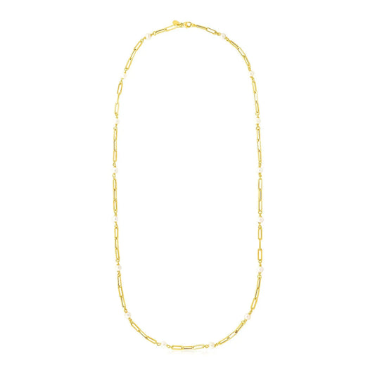 14k Yellow Gold Paperclip Chain and Pearl Necklace RCJ