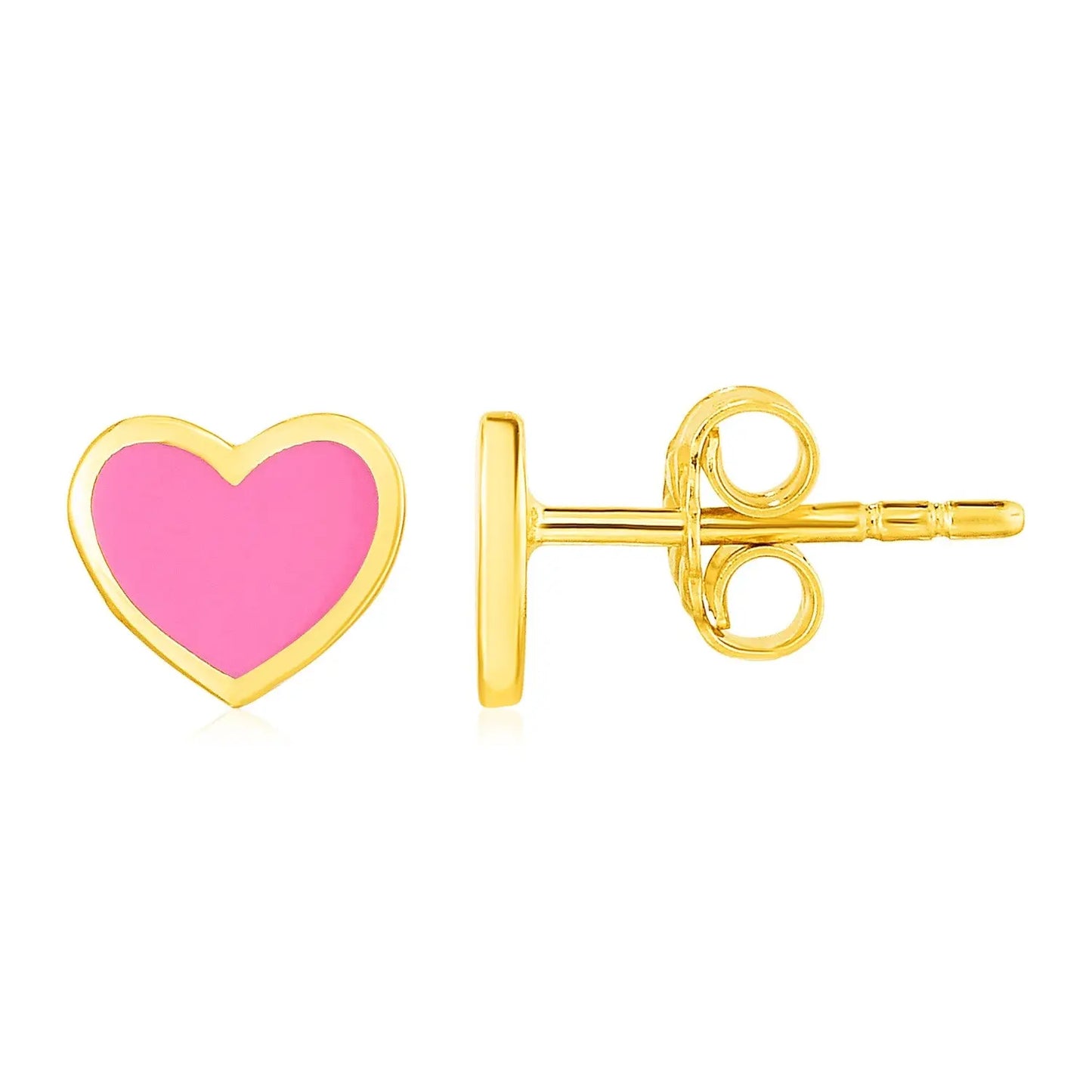 14k Yellow Gold and Enamel Pink Heart Stud Earrings RCJ