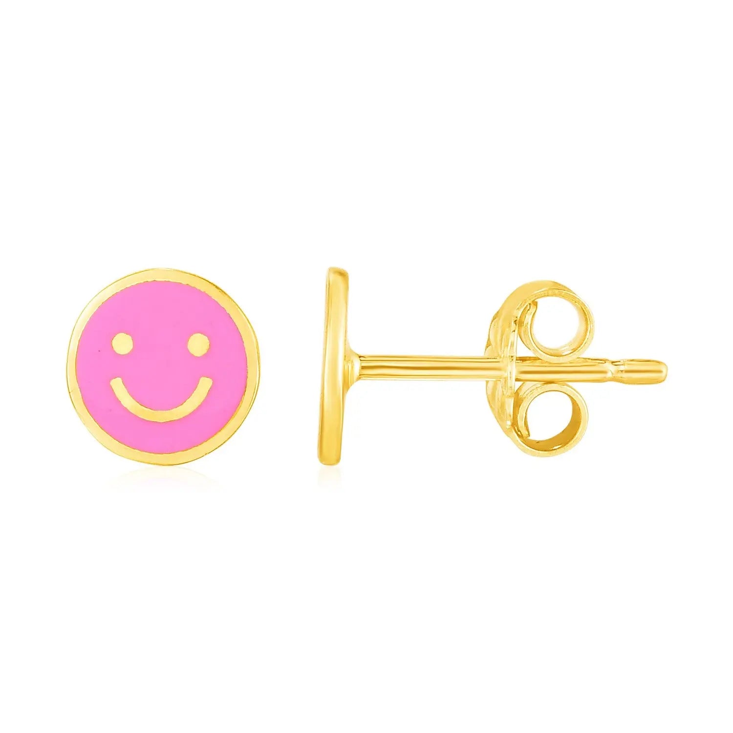 14k Yellow Gold and Enamel Pink Smiley Face Stud Earrings(6.8mm) RCJ