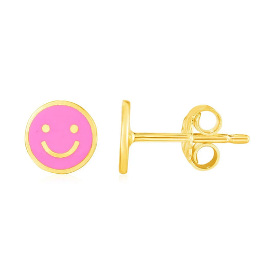 14k Yellow Gold and Enamel Pink Smiley Face Stud Earrings(6.8mm) RCJ