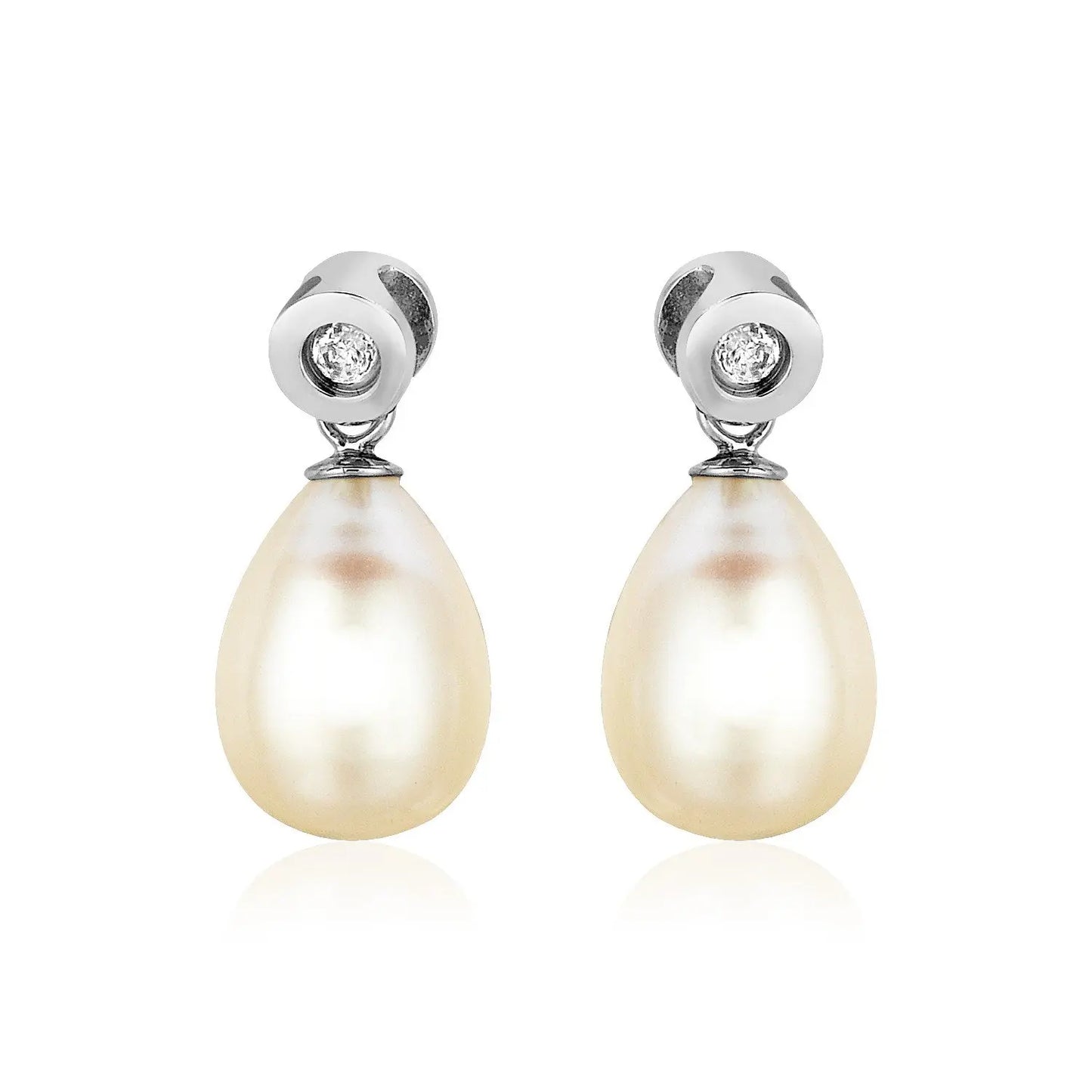 Sterling Silver Earrings with Pear Shaped Freshwater Pearls and Cubic Zirconias RCJ