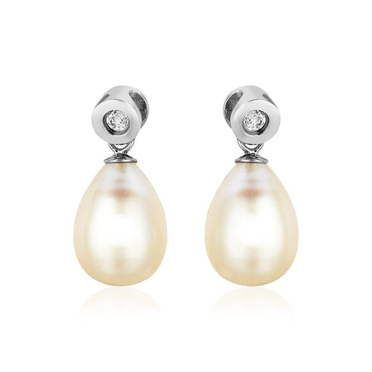 Sterling Silver Earrings with Pear Shaped Freshwater Pearls and Cubic Zirconias RCJ