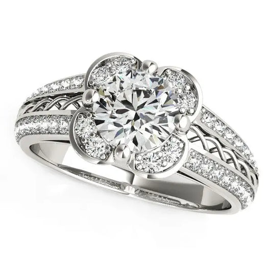 Round Diamond Floral Motif Engagement Ring in 14k White Gold (1 3/8 cttw) RCJ