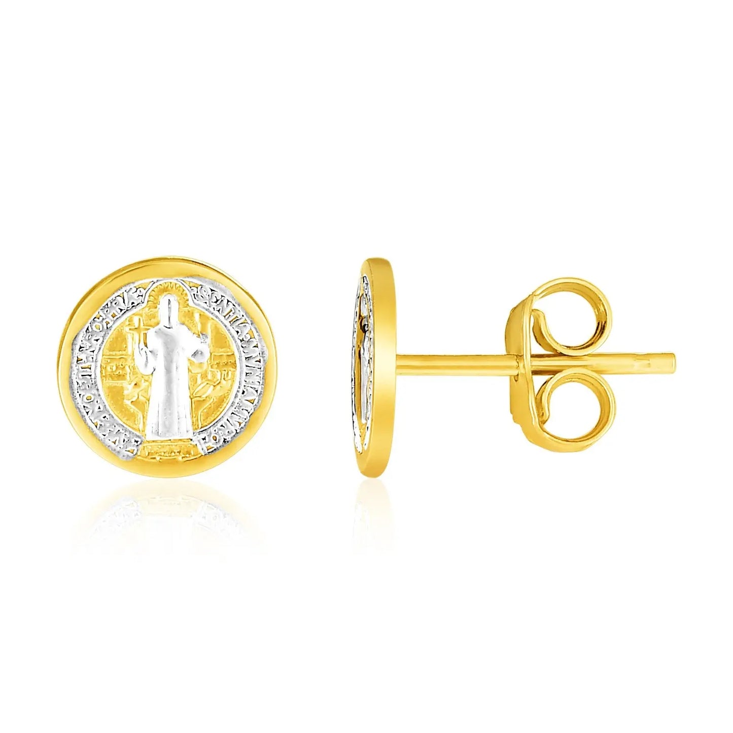 14k Two Tone Gold Round Religious Medallion Post Earrings(8mm)Monde Trend