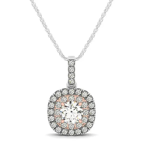 14k White And Rose Gold Cushion Shape Halo Diamond Pendant (1/2 cttw)Monde Trend