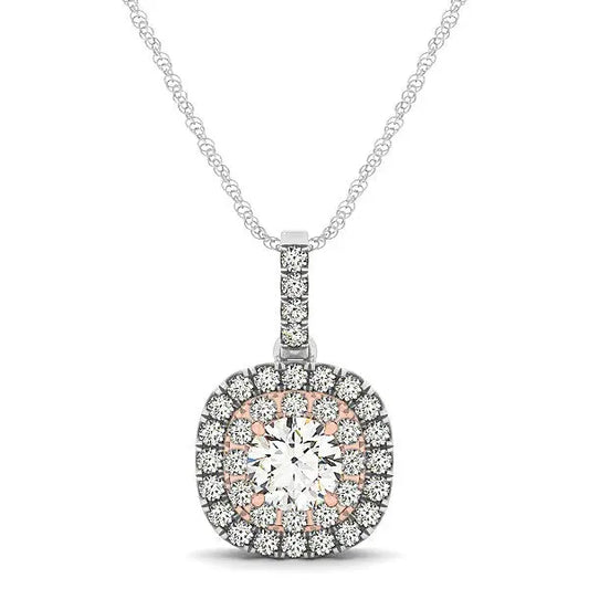 14k White And Rose Gold Cushion Shape Halo Diamond Pendant (1/2 cttw)Monde Trend