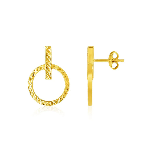 14k Yellow Gold Textured Circle and Bar Post Earrings RCJ