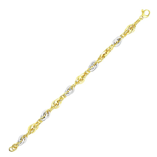 14k Two-Tone Gold Interlaced Smooth and Textured Link Bracelet (10.00 mm)Monde Trend