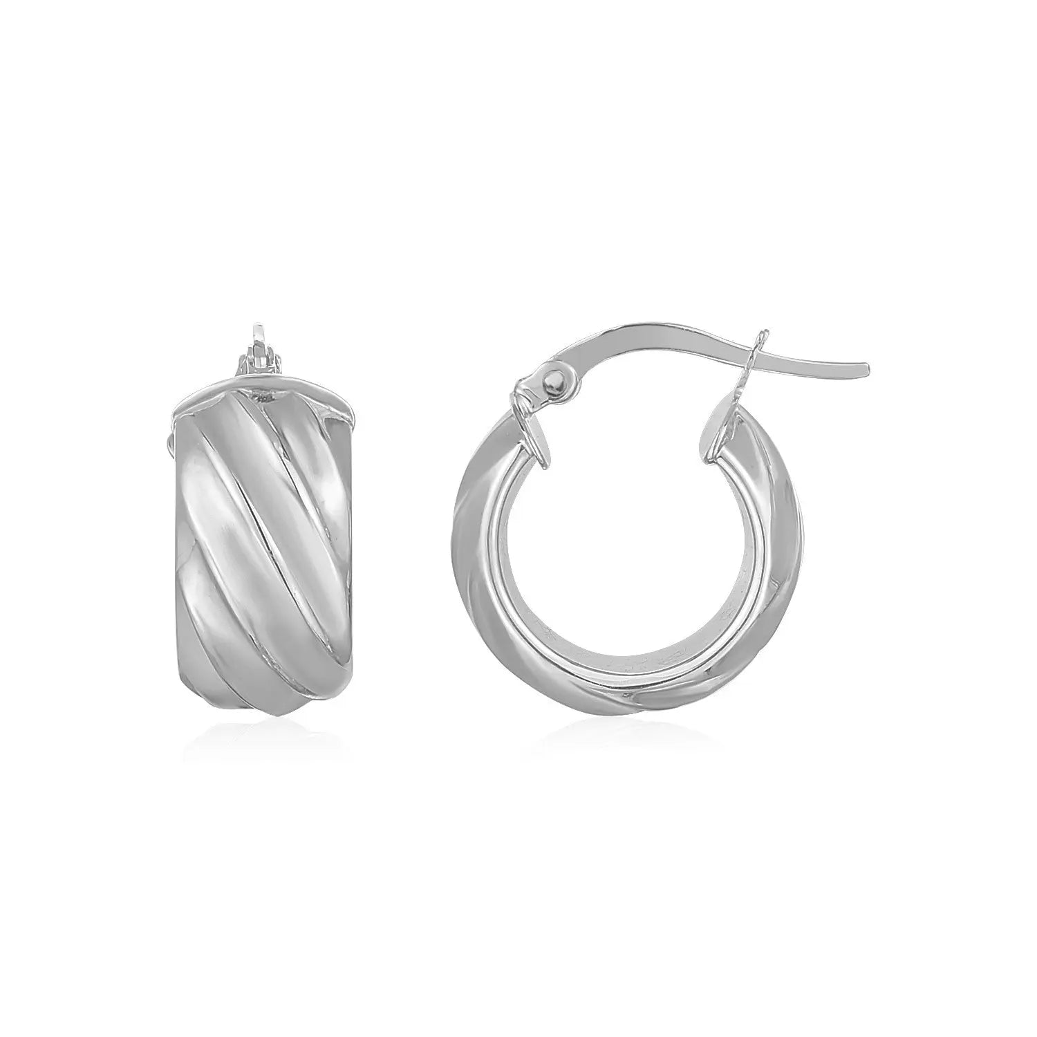 14K White Gold Ribbed Hoop Earrings Wide RCJ