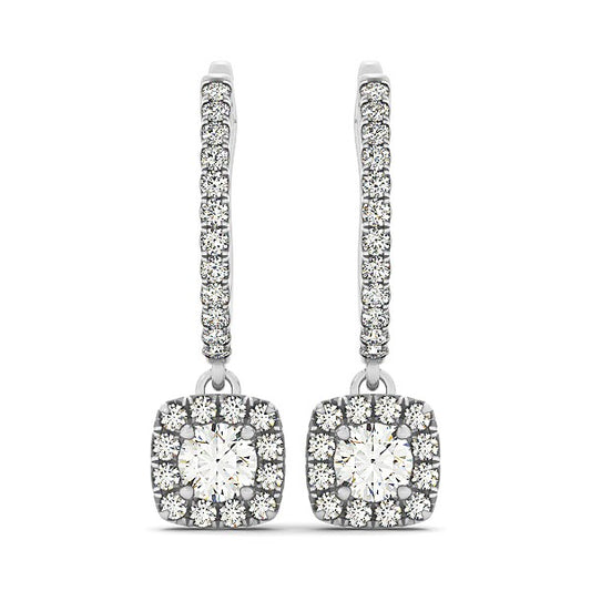 Cushion Shape Halo Style Diamond Drop Earrings in 14k White Gold (1/2 cttw) RCJ