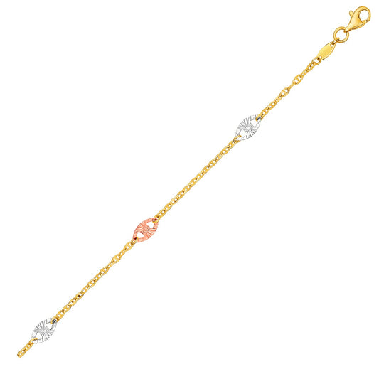 14k Three-Toned Yellow,  White,  and Rose Gold Anklet with Textured OvalsMonde Trend