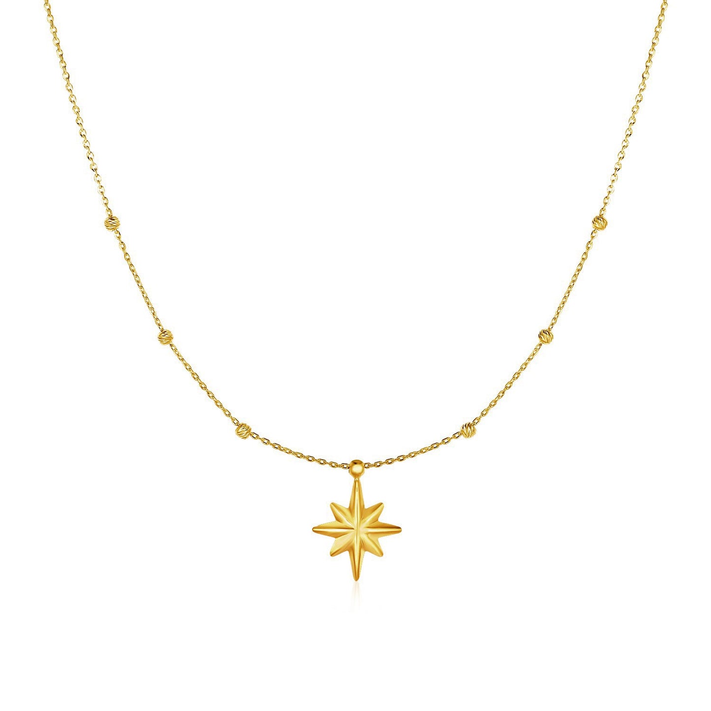 14k Yellow Gold Necklace with Eight Pointed Star and Beads RCJ