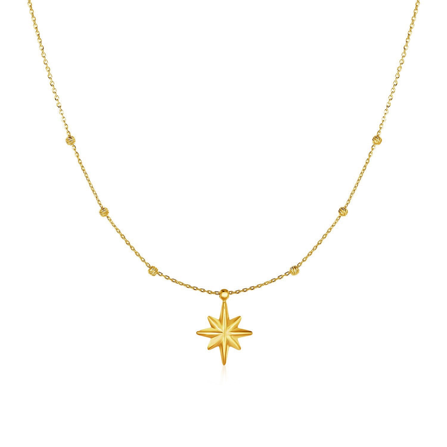 14k Yellow Gold Necklace with Eight Pointed Star and Beads RCJ