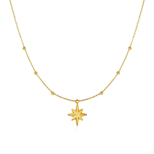 14k Yellow Gold Necklace with Eight Pointed Star and Beads RCJ