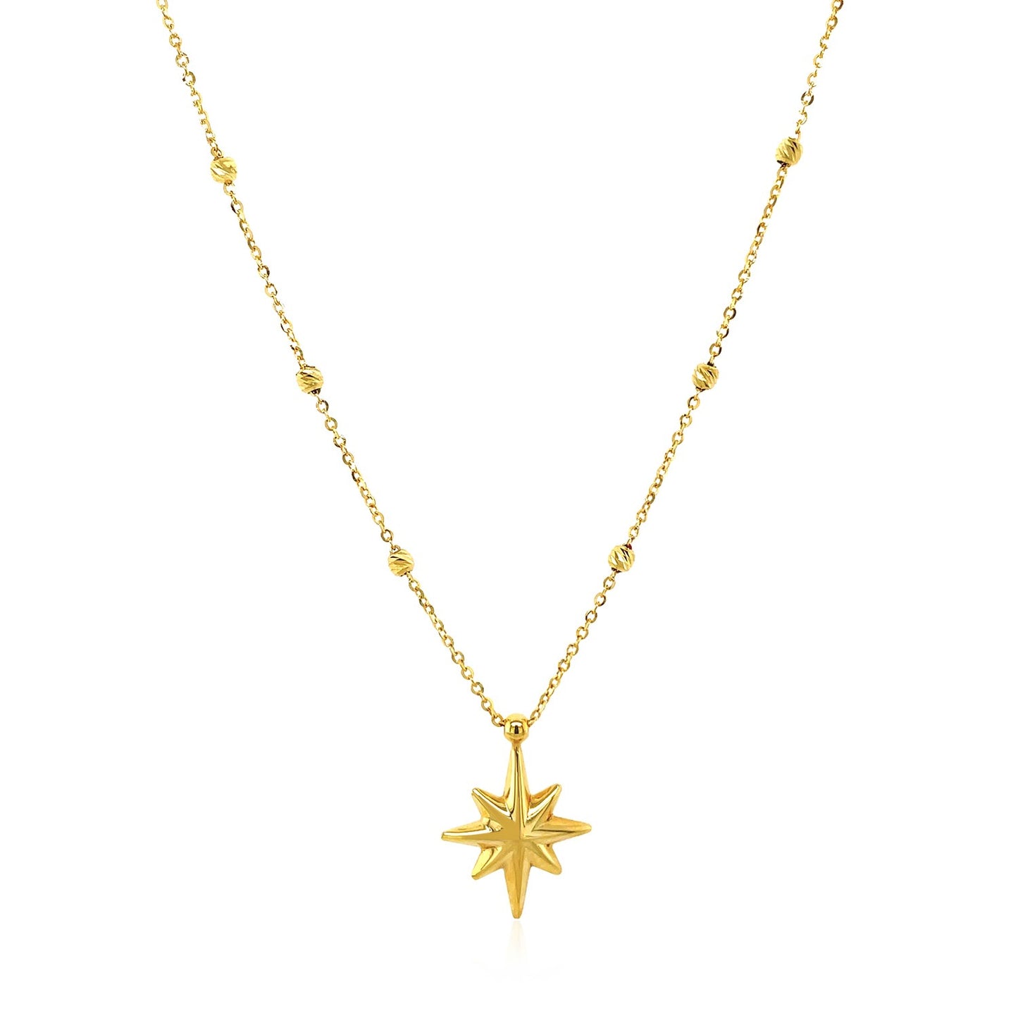 14k Yellow Gold Necklace with Eight Pointed Star and Beads RCJ