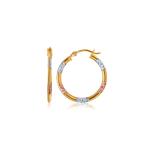 10k Tri-Color Gold Classic Hoop Earrings with Diamond Cut Details(20mm)Monde Trend