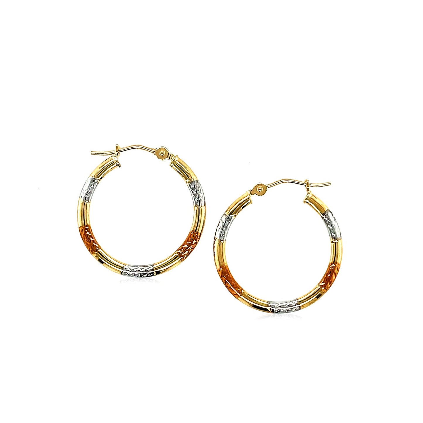 10k Tri-Color Gold Classic Hoop Earrings with Diamond Cut Details(20mm)Monde Trend